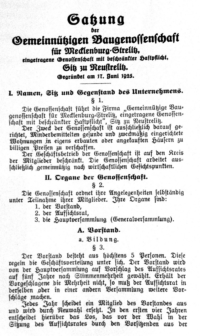 Satzung der Baugenossenschaft, 1925
